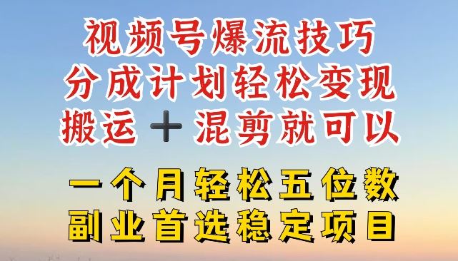 视频号爆流技巧，分成计划轻松变现，搬运 +混剪就可以，一个月轻松五位数稳定项目【揭秘】-轻创淘金网